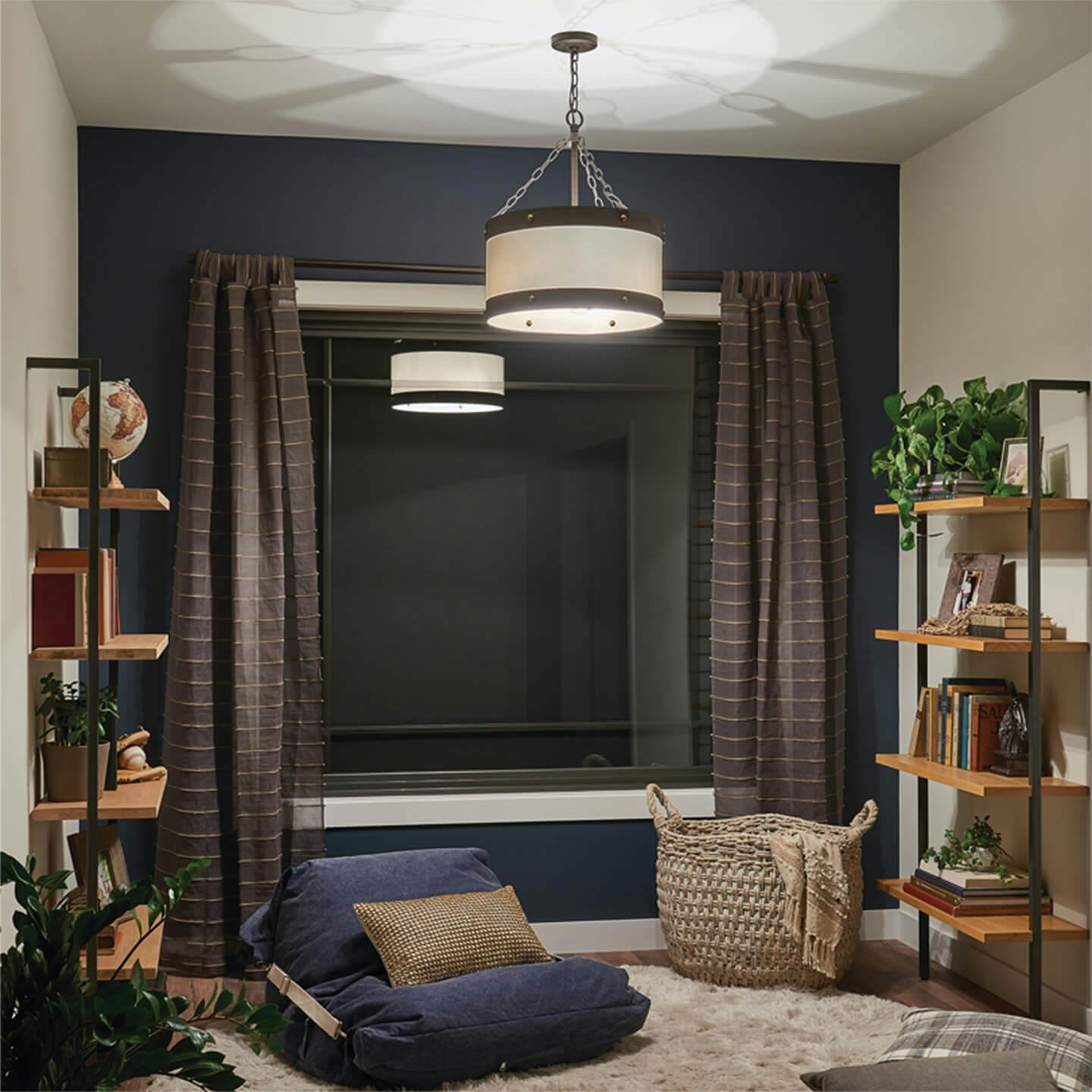 Cozy modern reading nook with Rayleigh chandelier