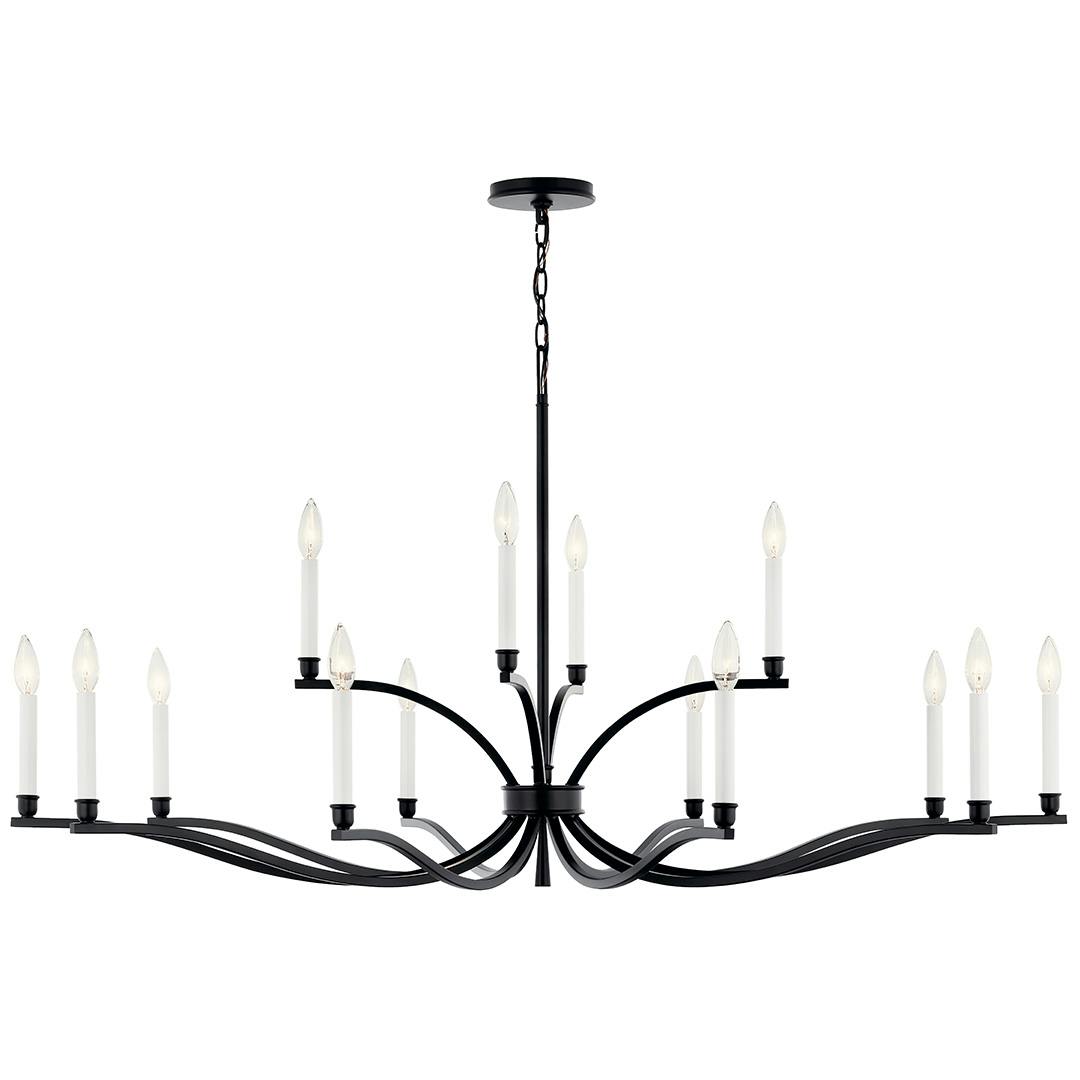 Front view of the Malene 52.75 Inch 14 Light 2-Tier Chandelier in Black on a white background