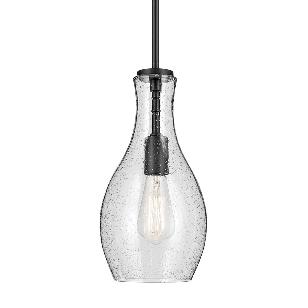 The Everly 13.75" 1-Light Bell Pendant with Clear Seeded Glass in Black on a white background