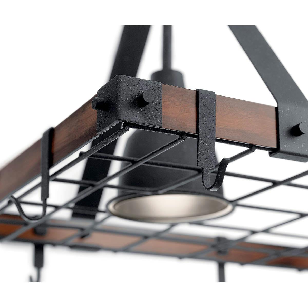 Close up view of the Barrington 34"x20" Lighted Pot Rack Black on a white background