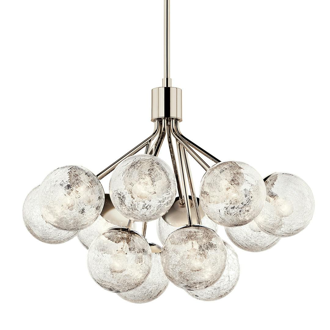 The Silvarious 30 Inch 12 Light Convertible Chandelier with Clear Crackled Glass in Polished Nickel on a white background