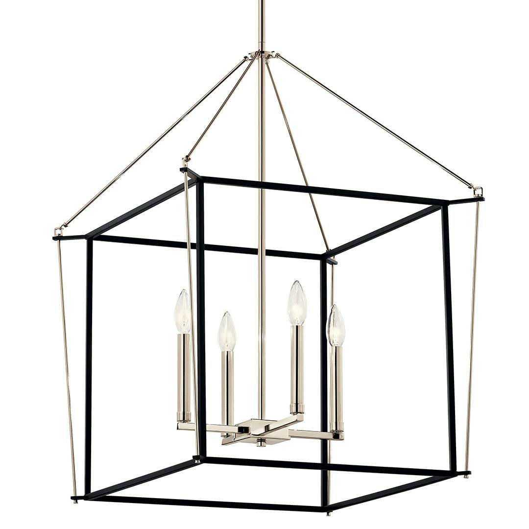 The Eisley 30 Inch 4 Light Foyer Pendant in Polished Nickel and Black on a white background