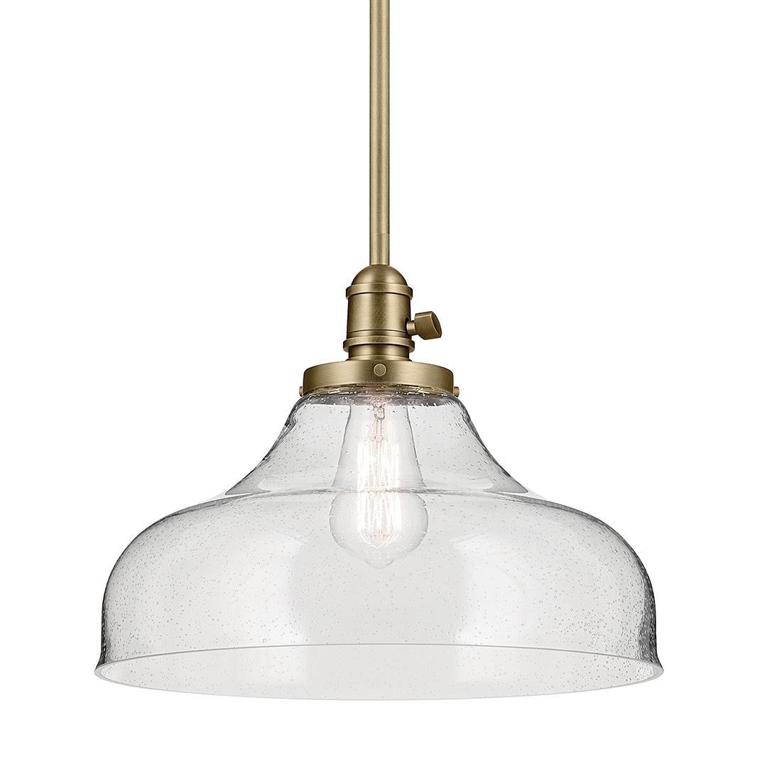 The Avery 11.25" 1-Light Bell Pendant with Clear Seeded Glass in Natural Brass on a white background