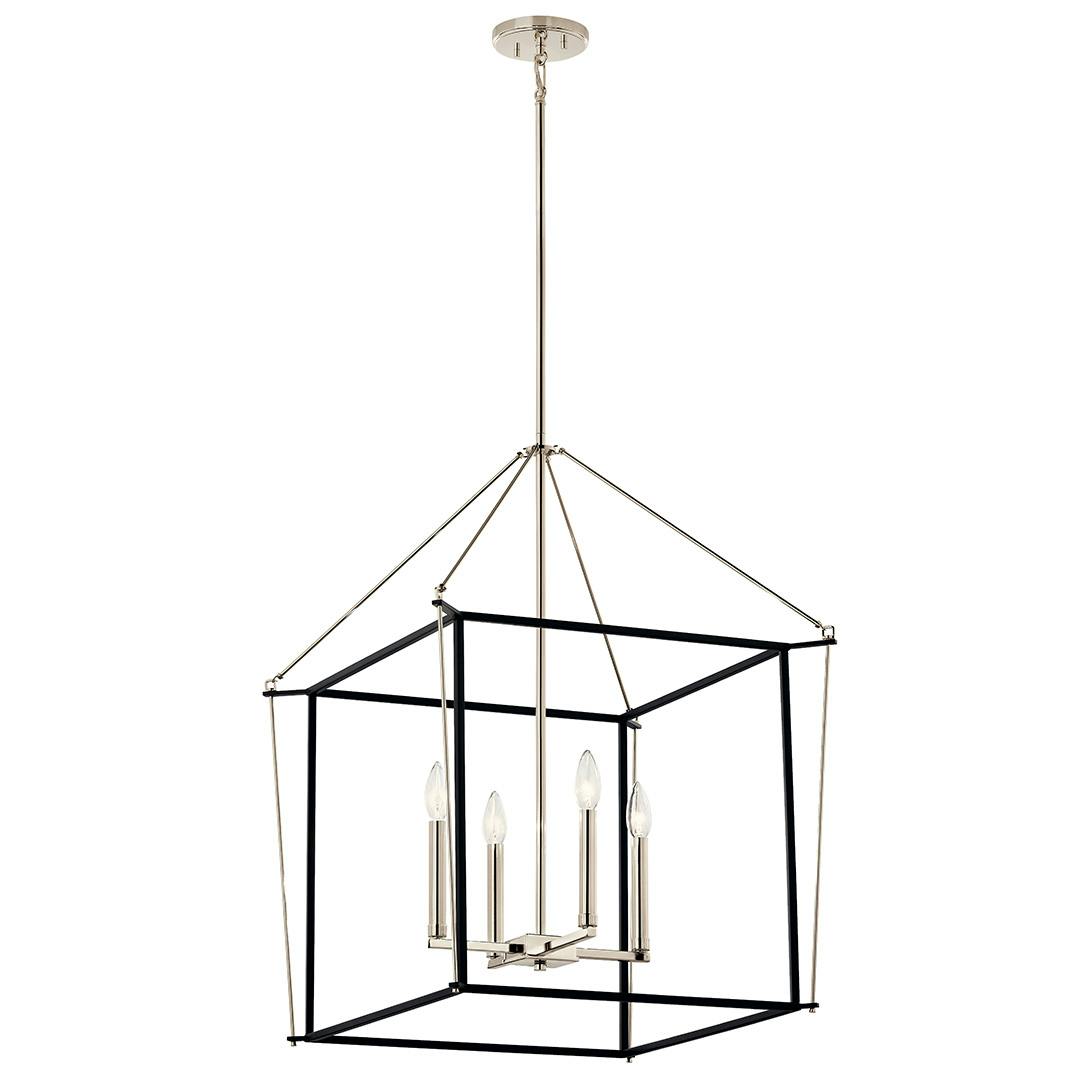 The Eisley 30 Inch 4 Light Foyer Pendant in Polished Nickel and Black on a white background