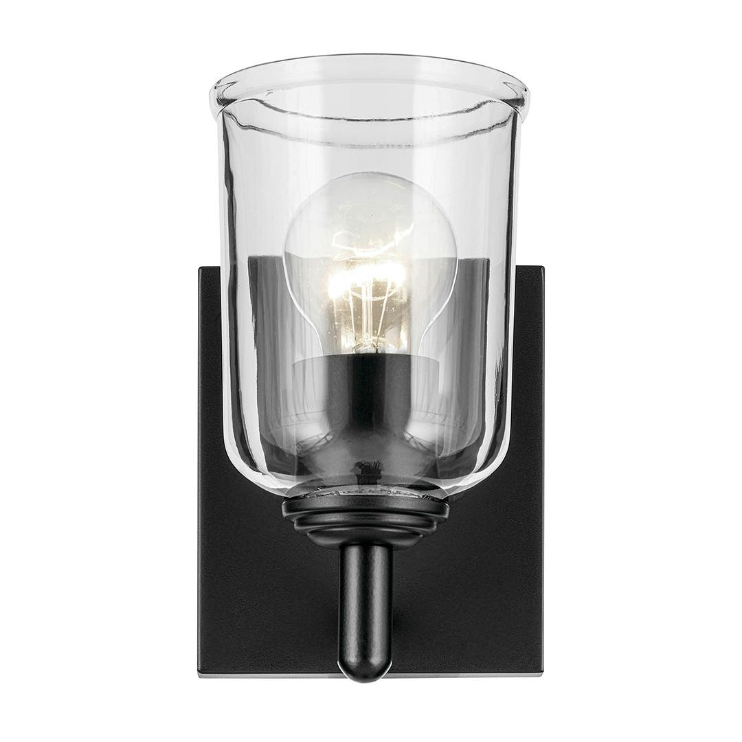 Front view of the Shailene 5" 1-Light Wall Sconce with Clear Glass in Black on a white background