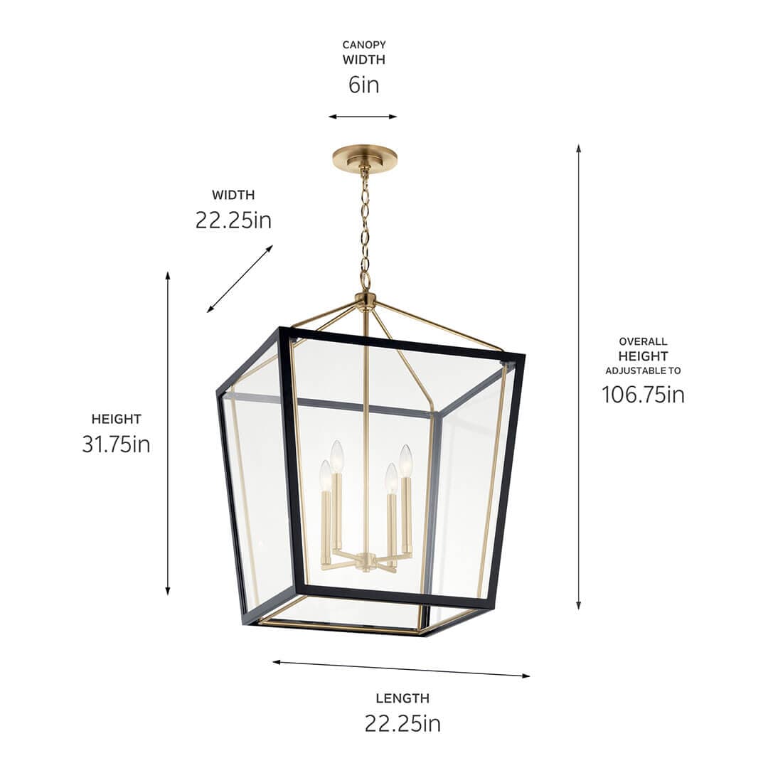 The Delvin 31.75 Inch 4 Light Foyer Pendant in Champagne Bronze and Black on a white background with dimensions