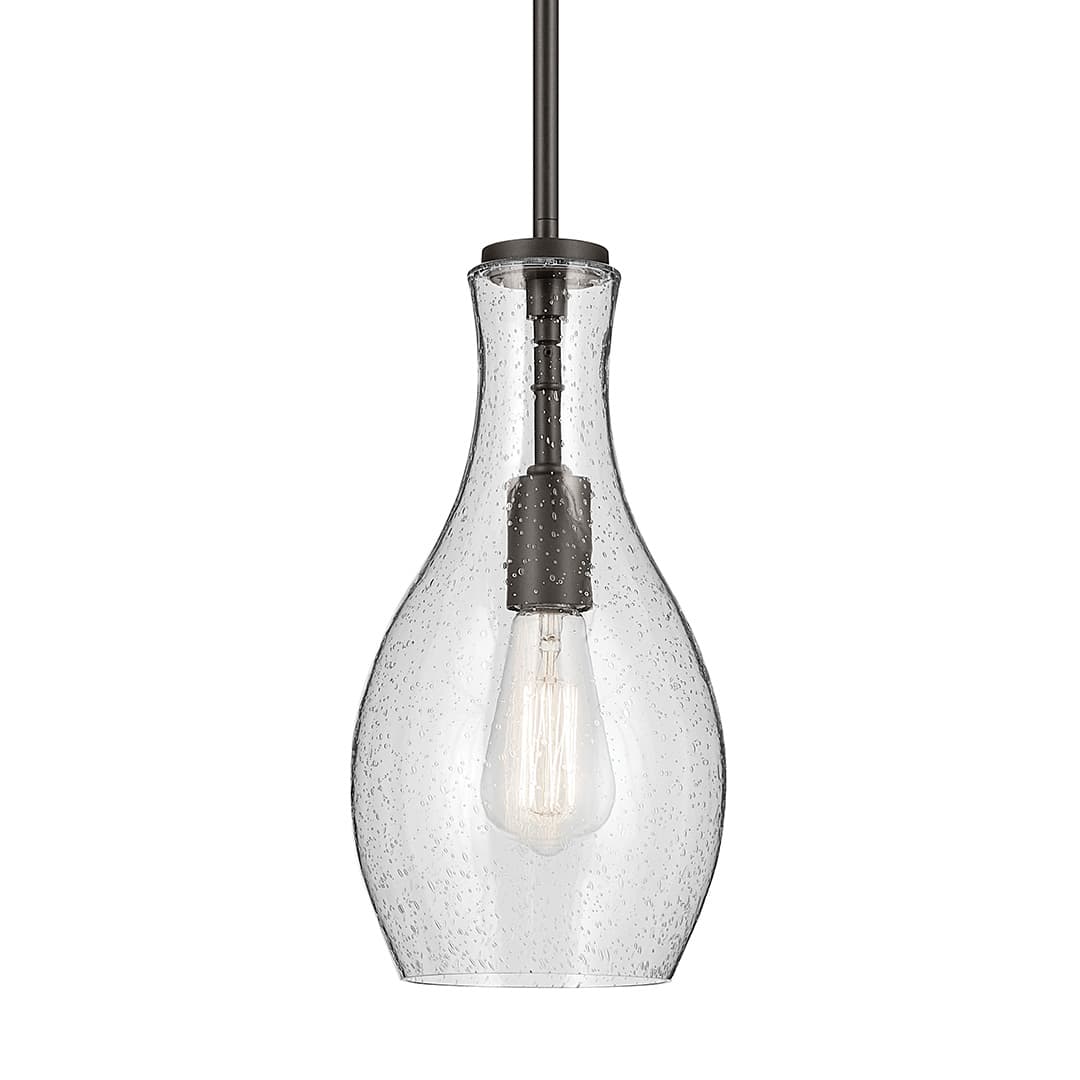 The Everly 13.75" 1-Light Bell Pendant with Clear Seeded Glass in Olde Bronze on a white background