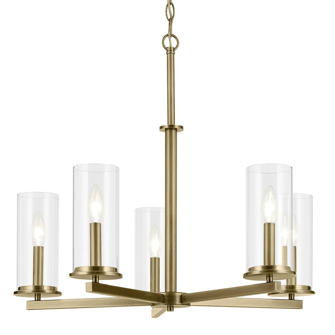 The Crosby 22.5" 5-Light Chandelier with Clear Glass in Natural Brass on a white background
