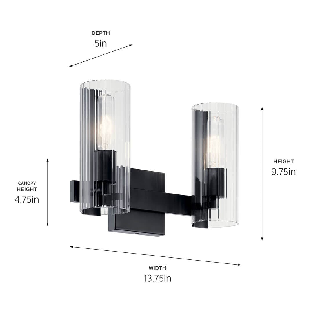 The Jemsa 13.75 Inch 2 Light Vanity with Clear Fluted Glass in Black on a white background with dimensions