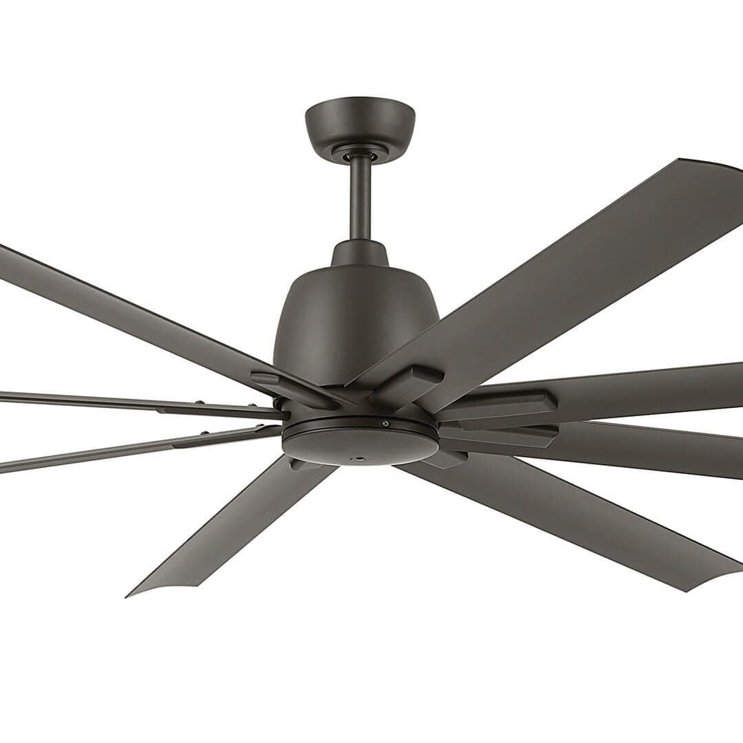 Close up of the 84" Breda 8 Blade Ceiling Fan in Brushed Nickel with Satin Natural Bronze Blades on a white background