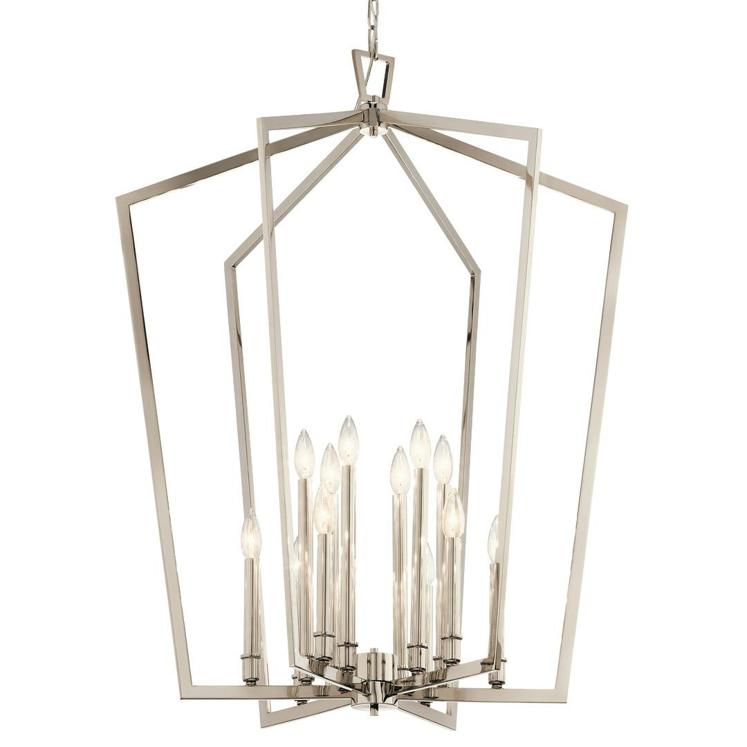 Close up of Abbotswell 12 Light Chandelier Nickel on a white background