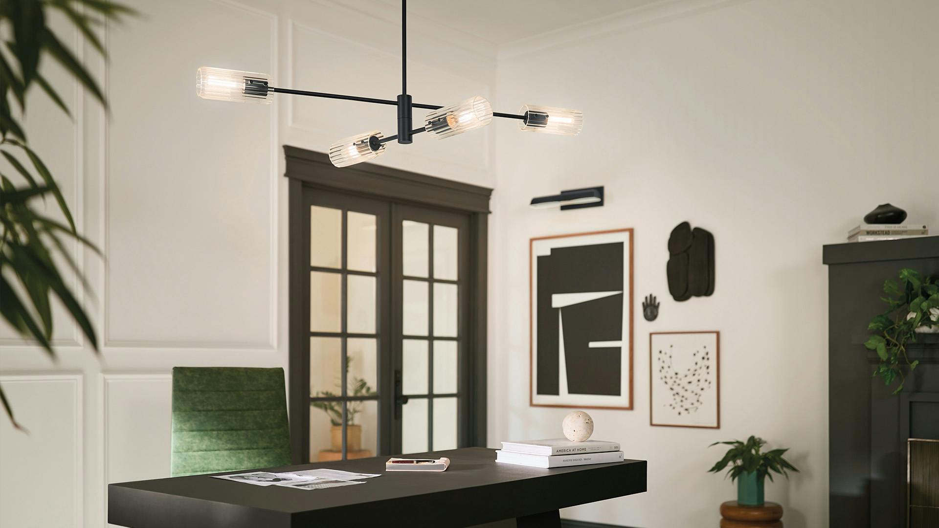 Modern office featuring a Velestino chandelier