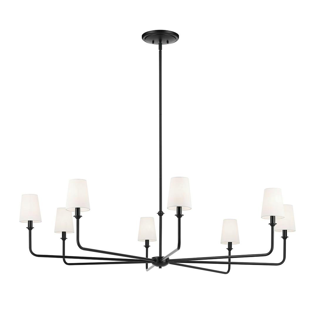 The Pallas 52" XL 8-Light Round Chandelier with White Linen Shade in Black on a white background