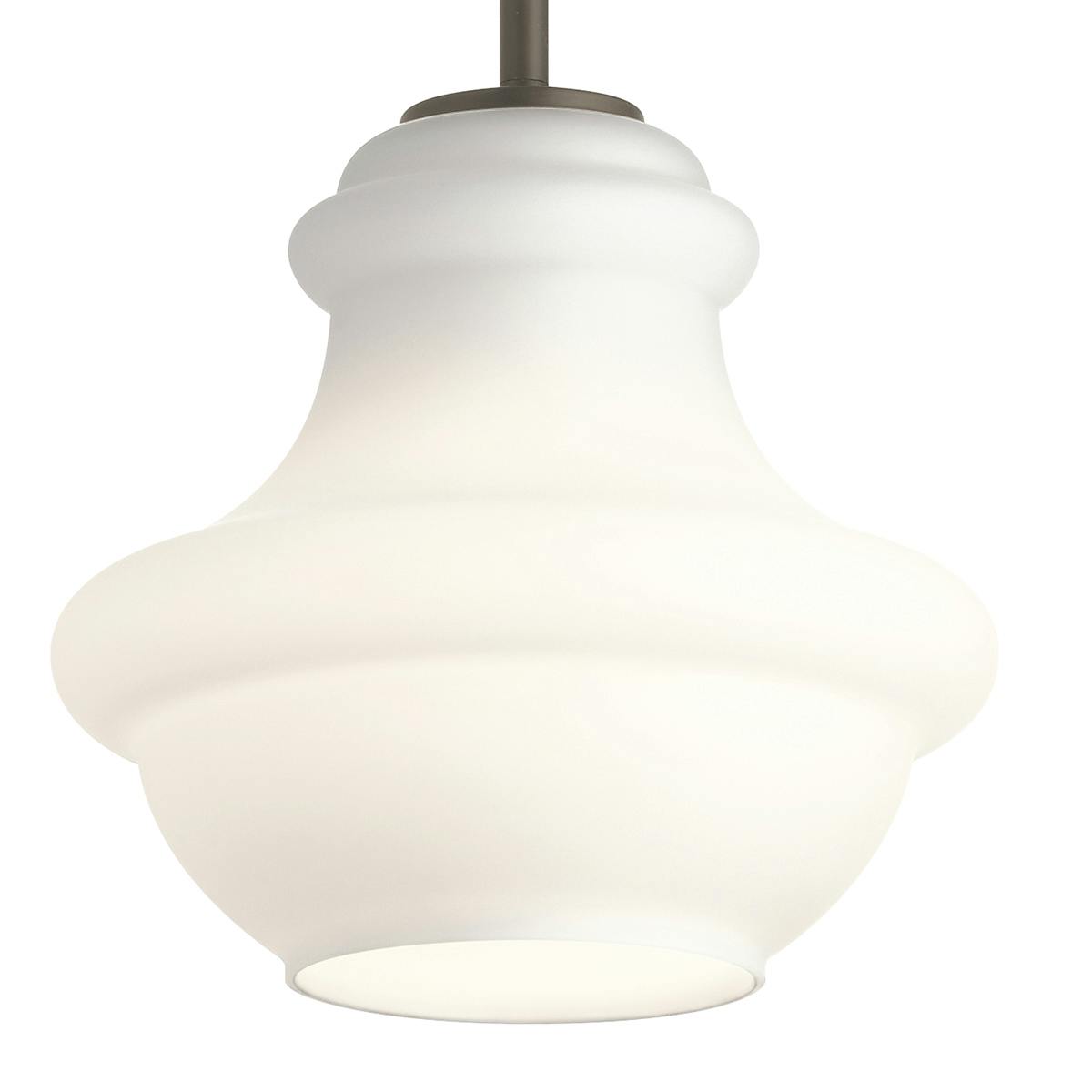 Close up view of the Everly 9.25" Mini Schoolhouse Pendant Etched  Glass Olde Bronze® on a white background