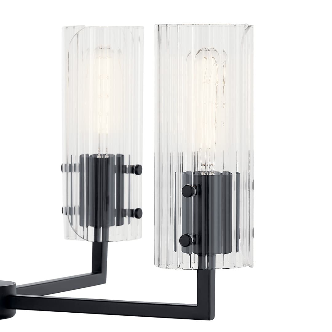 Close up view of the Velestino 40.25" 8-Light Chandelier in Black on a white background