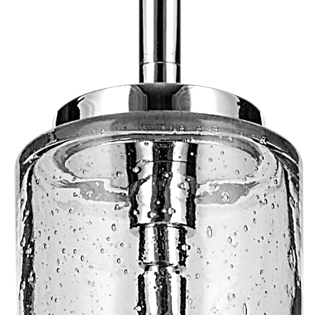 Close up view of the Everly 19.75" 1-Light Bell Pendant with Clear Seeded Glass in Chrome on a white background