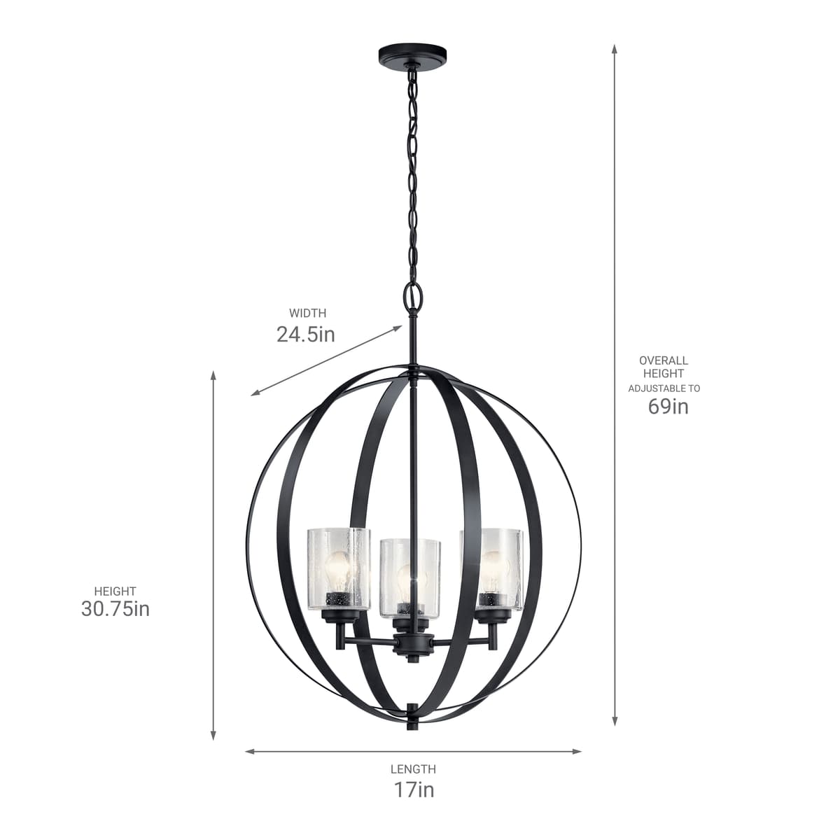 Winslow™ 3 Light Chandelier Black on a white backgroud with dimensions