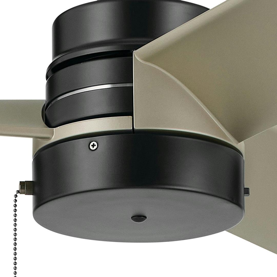 Close up view of the 52 Inch Spyn Lite Fan in Satin Black with Silver Blades on a white background