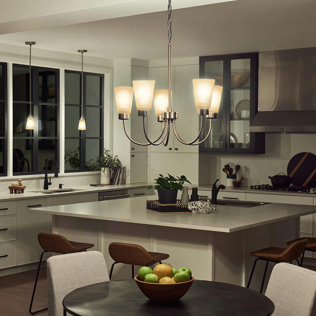 Night time Kitchen with Erma 24" 5 Light Chandelier Brushed Nickel