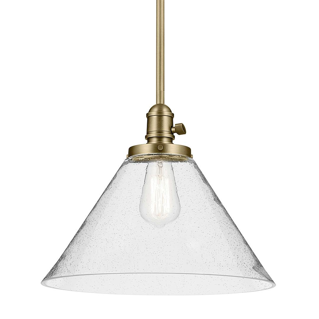 The Avery 11.75" 1-Light Cone Pendant with Clear Seeded Glass in Natural Brass on a white background