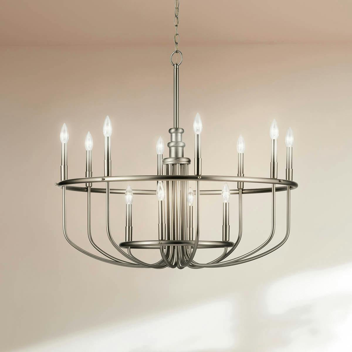 Day time dining room with Capitol Hill 12 Light Chandelier in Brushed Nickel