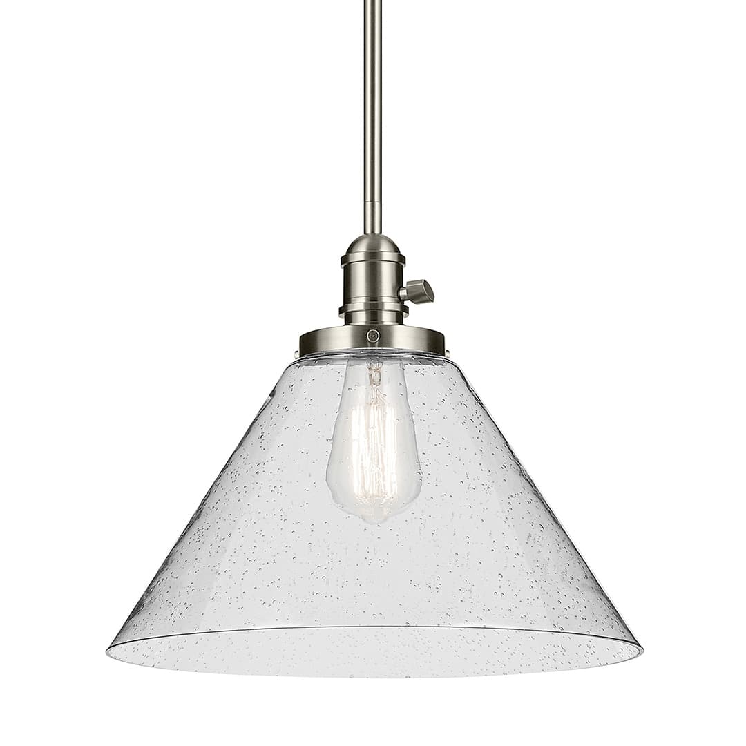 The Avery 11.75" 1-Light Cone Pendant with Clear Seeded Glass in Nickel on a white background