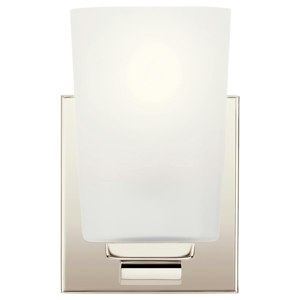The Roehm 1 Light Wall Sconce Polished Nickel facing up on a white background