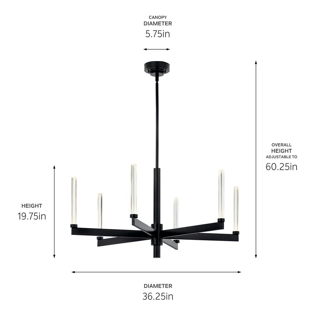 The Sycara 36.25 Inch 6 Light LED Chandelier with Faceted Crystal in Black with dimensions on a white background