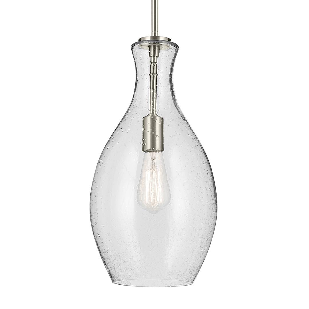 The Everly 17.75" 1-Light Bell Pendant with Clear Seeded Glass in Brushed Nickel on a white background