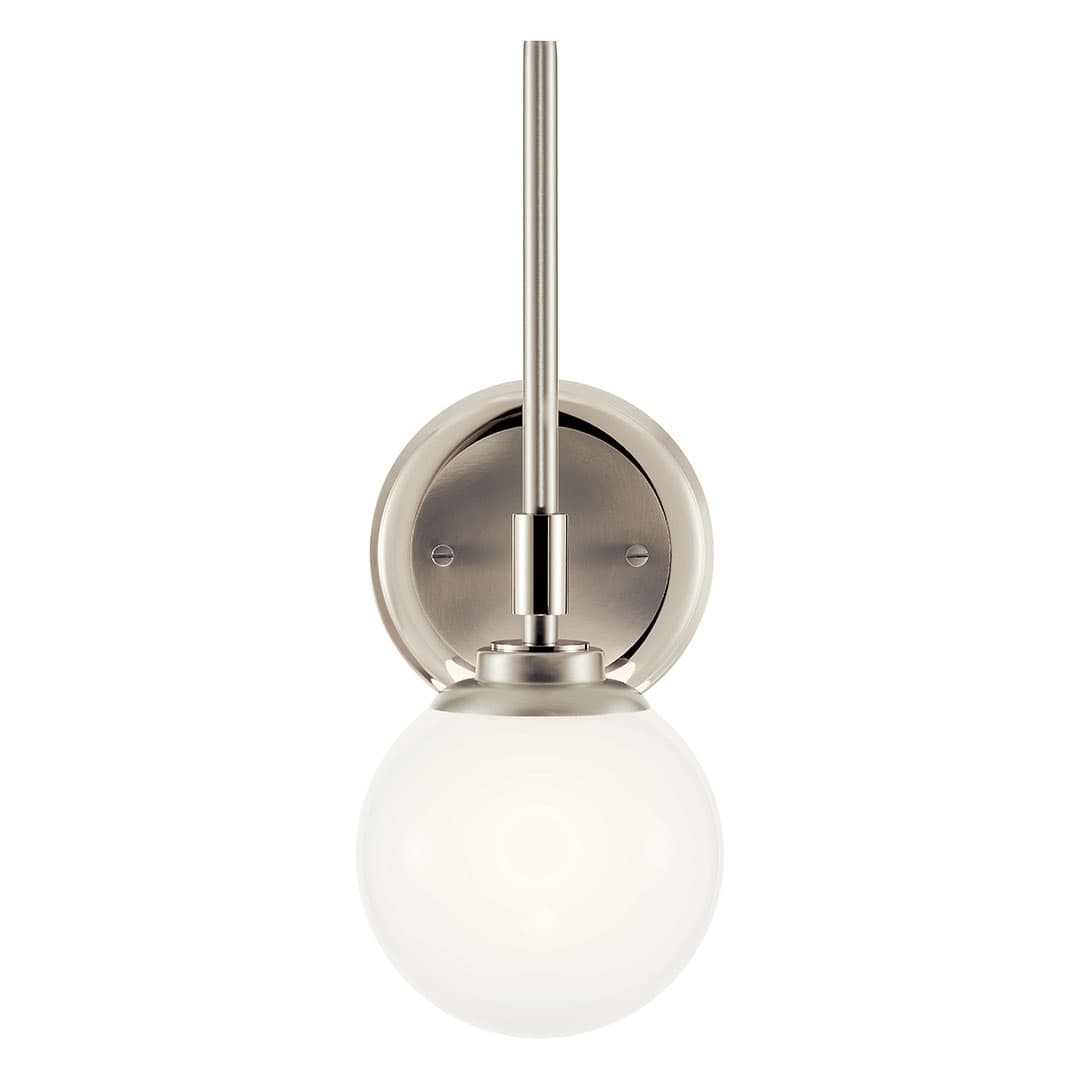 The Benno 13.75 Inch 1 Light Wall Sconce in Polished Nickel and Brushed Nickel mounted down on a white background