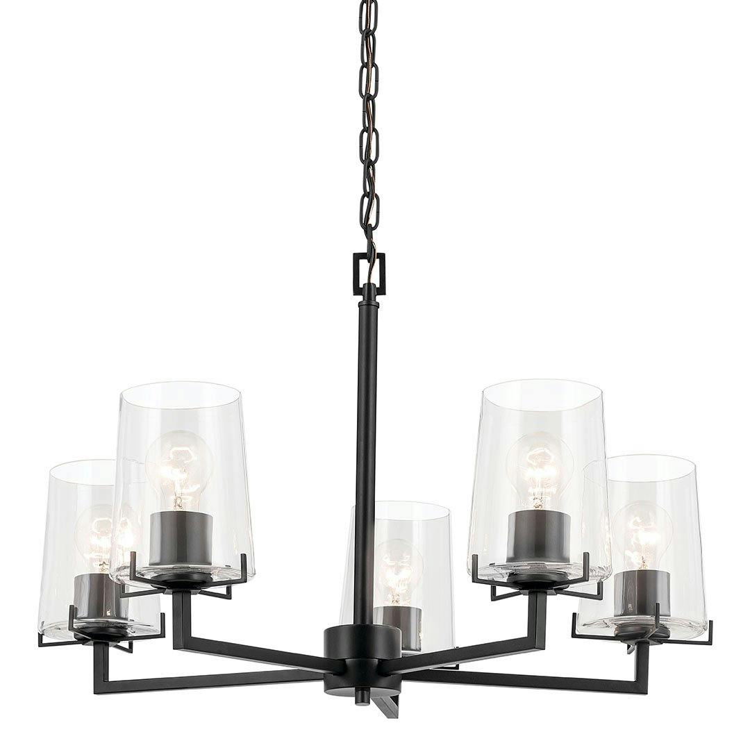 The Birk 5 Light Chandelier in Black on a white background