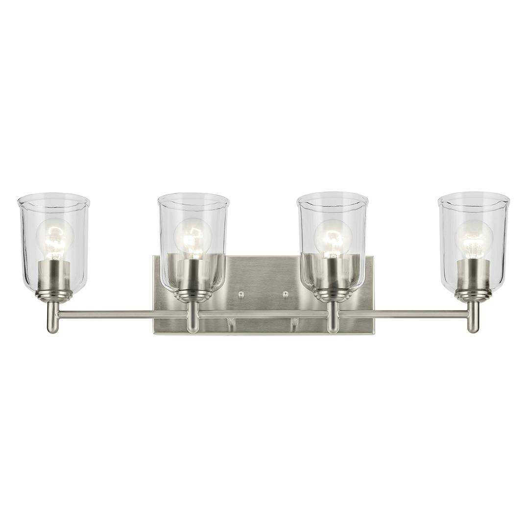 Front view of the Shailene 29.75" 4-Light Vanity Light with Clear Glass in Brushed Nickel on a white background
