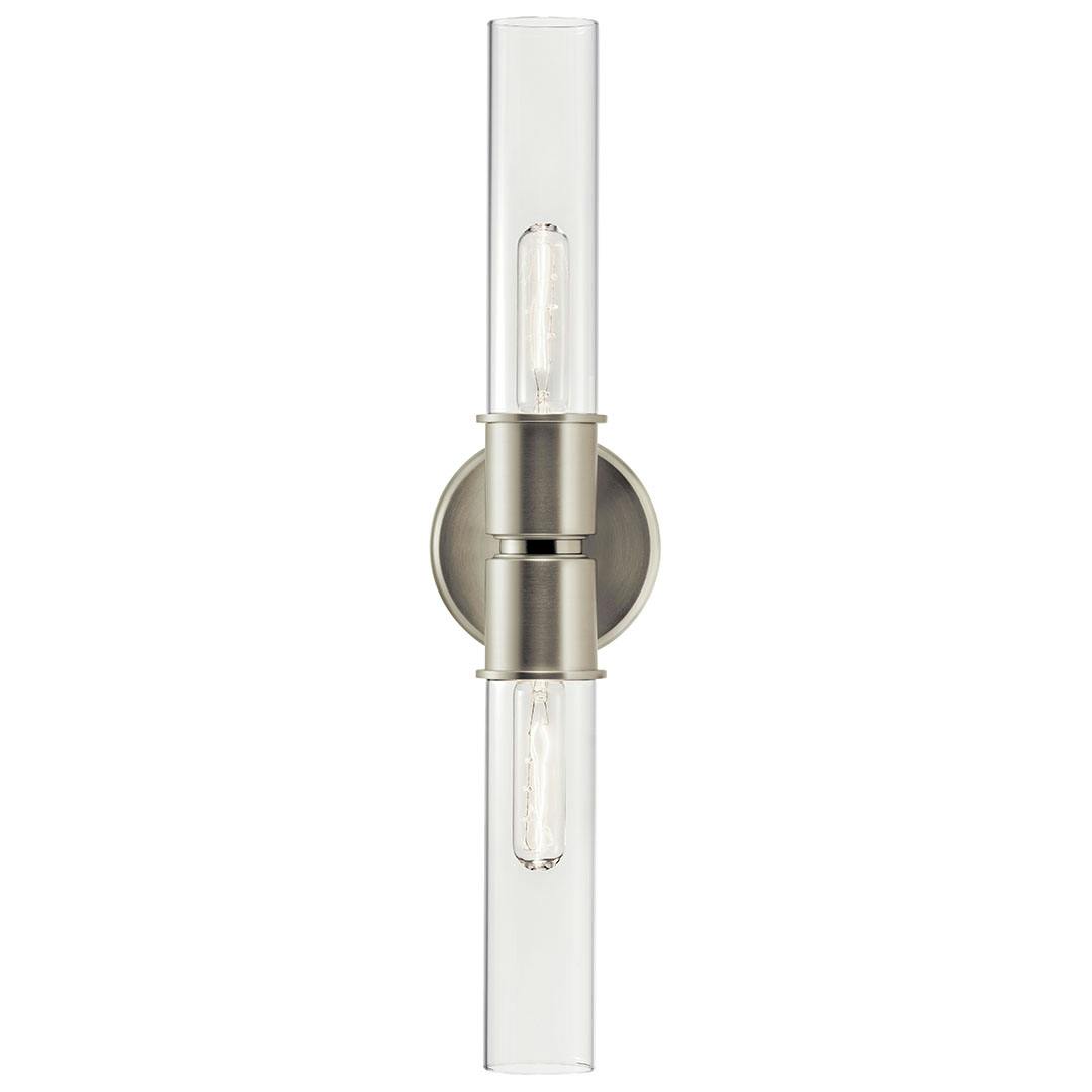 Front view of the Aviv 24" 2 Light Wall Sconce with Clear Glass in Brushed Nickel mounted vertically on a white background
