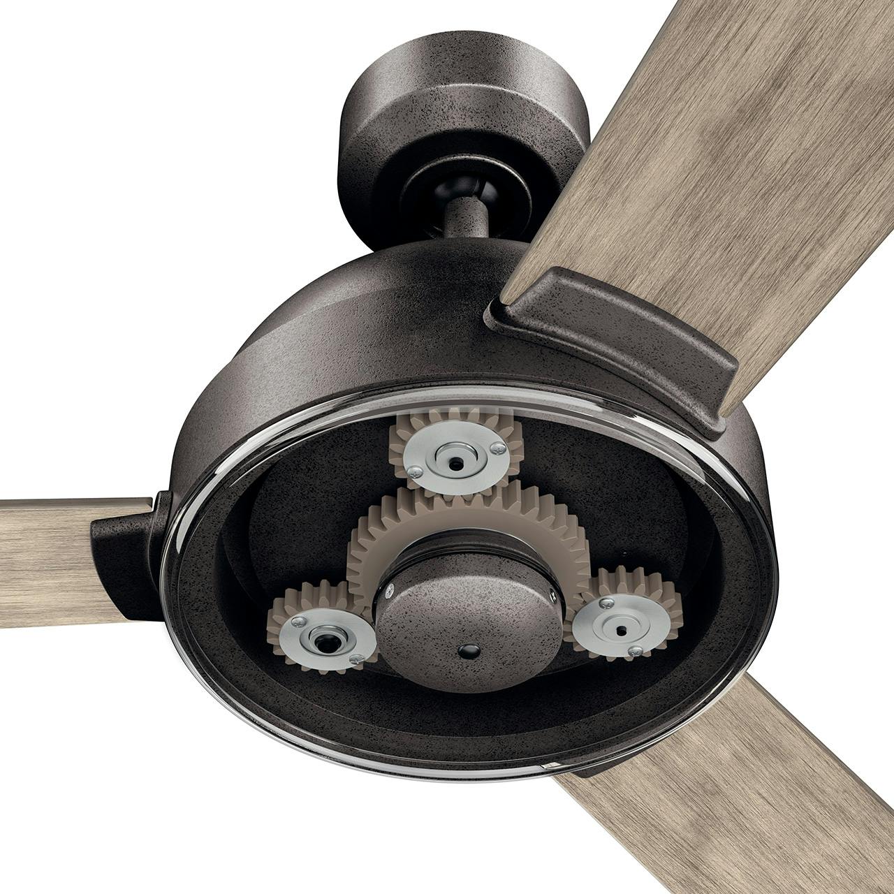Close up view of the Pinion 60" Fan Anvil Iron and Gray Blades on a white background