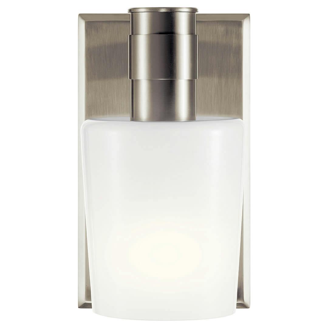 Front view of the Adani 8.5 Inch 1 Light Vanity Light with Opal Glass in Brushed Nickel on a white background