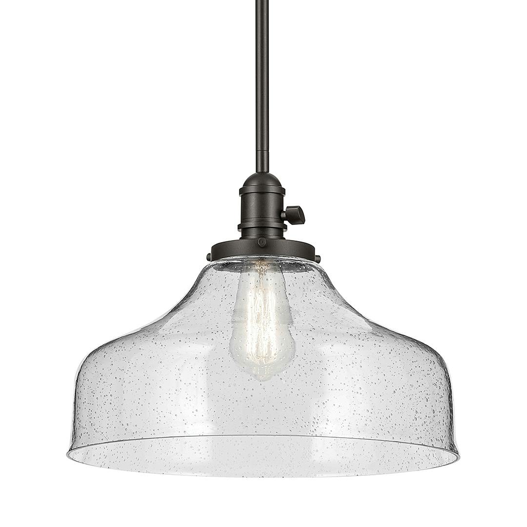 The Avery 11.25" 1-Light Bell Pendant with Clear Seeded Glass in Olde Bronze on a white background