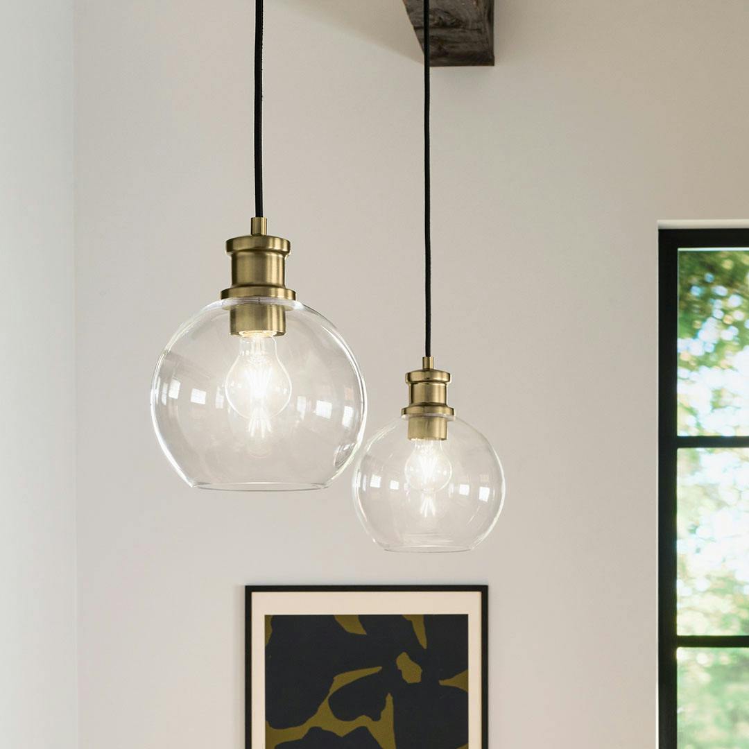 Kitchen in day light with the Clove 1 Light Mini Pendant in Black and Brushed Natural Brass