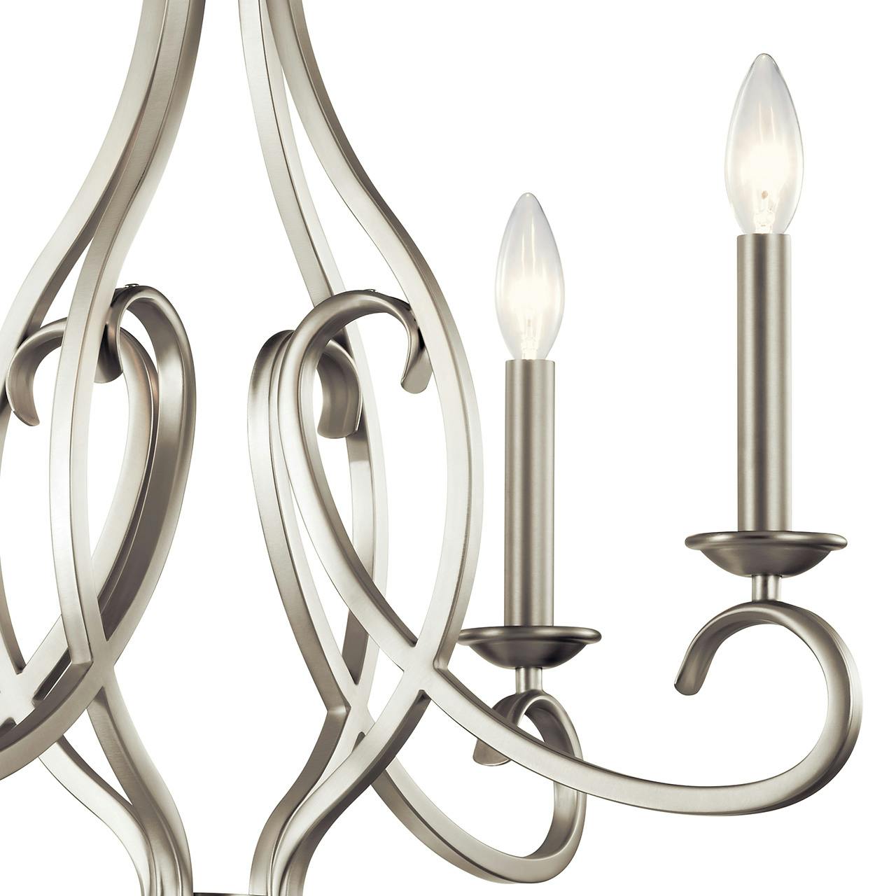 Close up view of the Ania 4 Light Chandelier Brushed Nickel on a white background