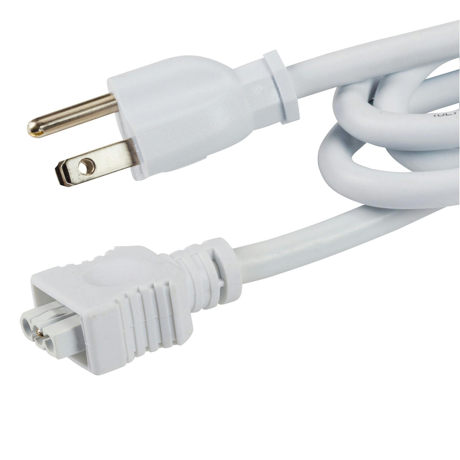 Close up view of the 4U/6U Under Cabinet 3-Prong Cord White on a white background