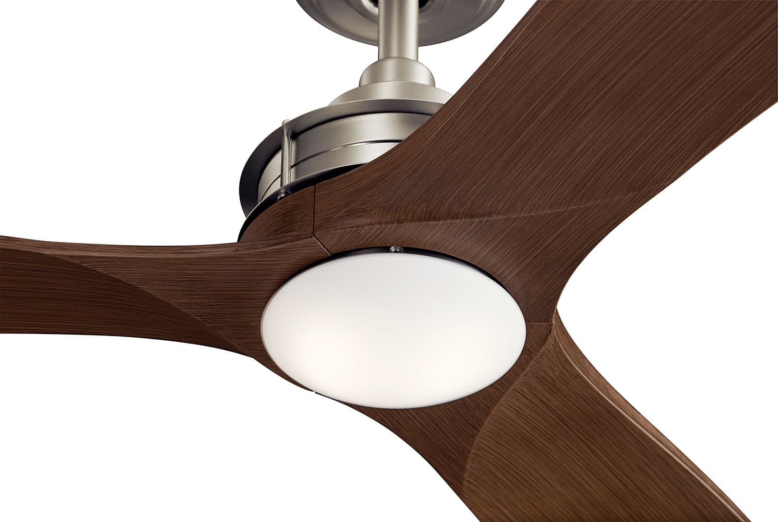 Close up view of the Ried 56" Fan Brushed Nickel Finish on a white background