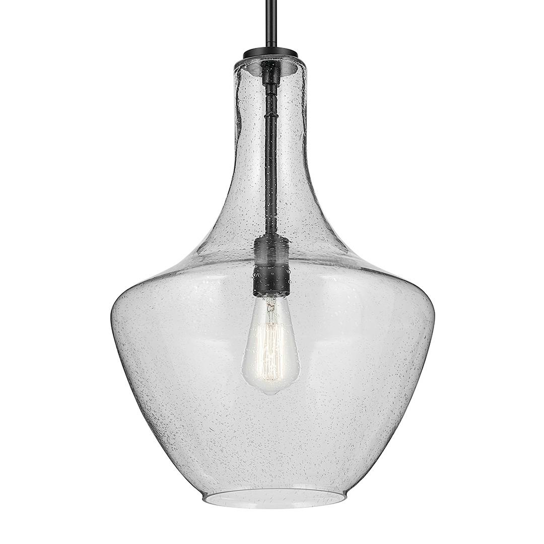 The Everly 19.75" 1-Light Bell Pendant with Clear Seeded Glass in Black on a white background