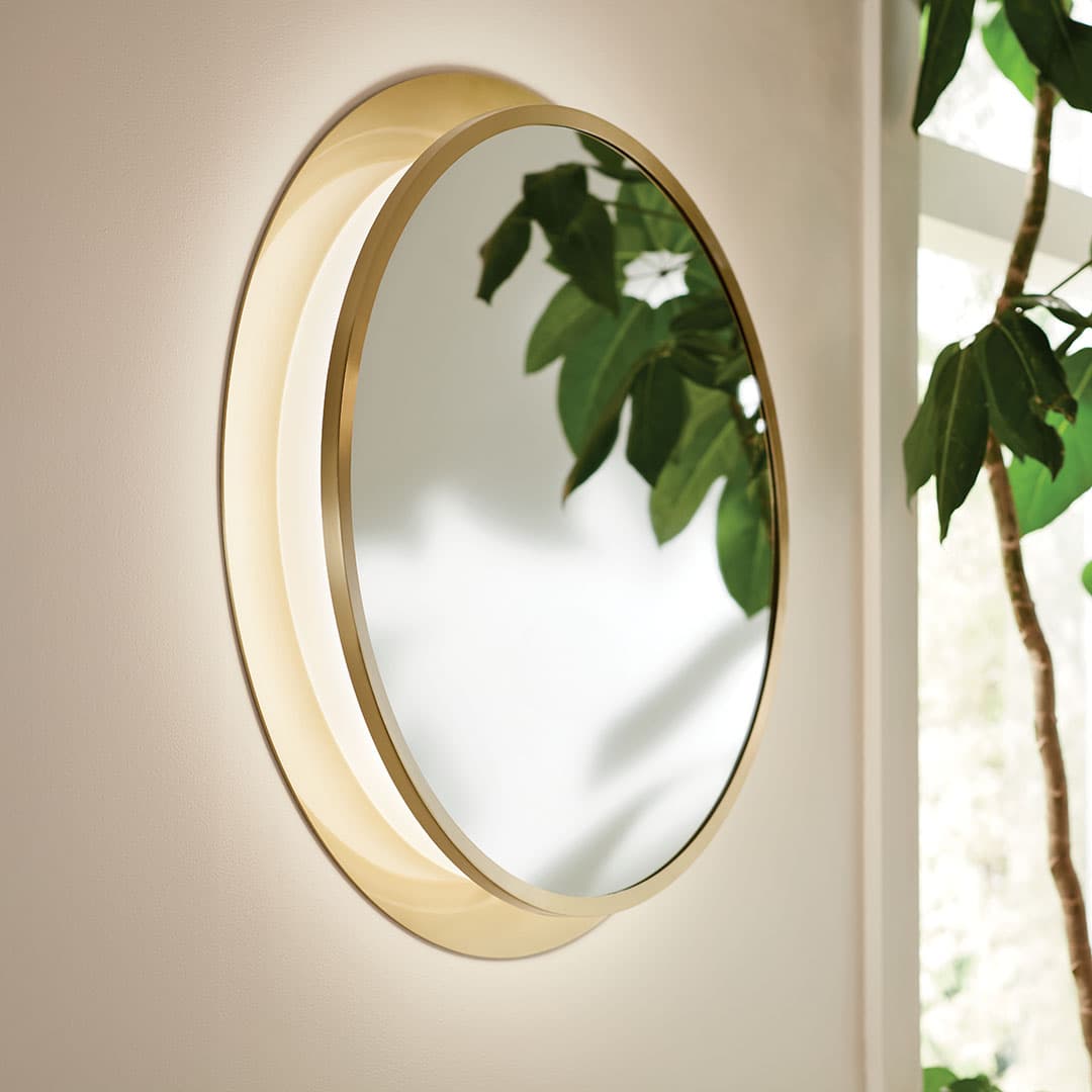 Chennai 30" LED Vanity Mirror Gold on living room wall during the day