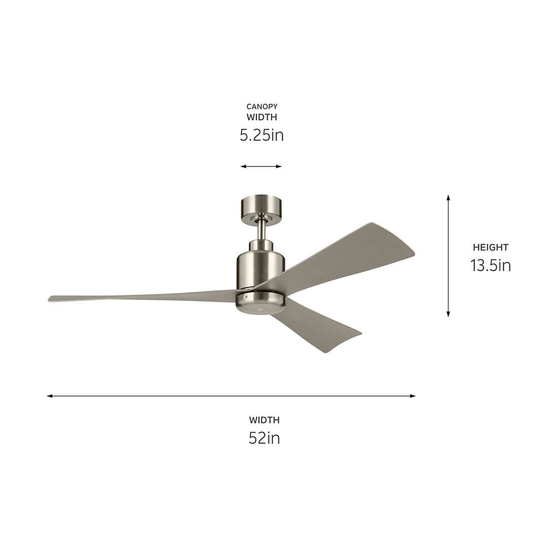 The 52 True Ceiling Fan in Brushed Stainless Steel with Silver Blades on a white background with dimensions