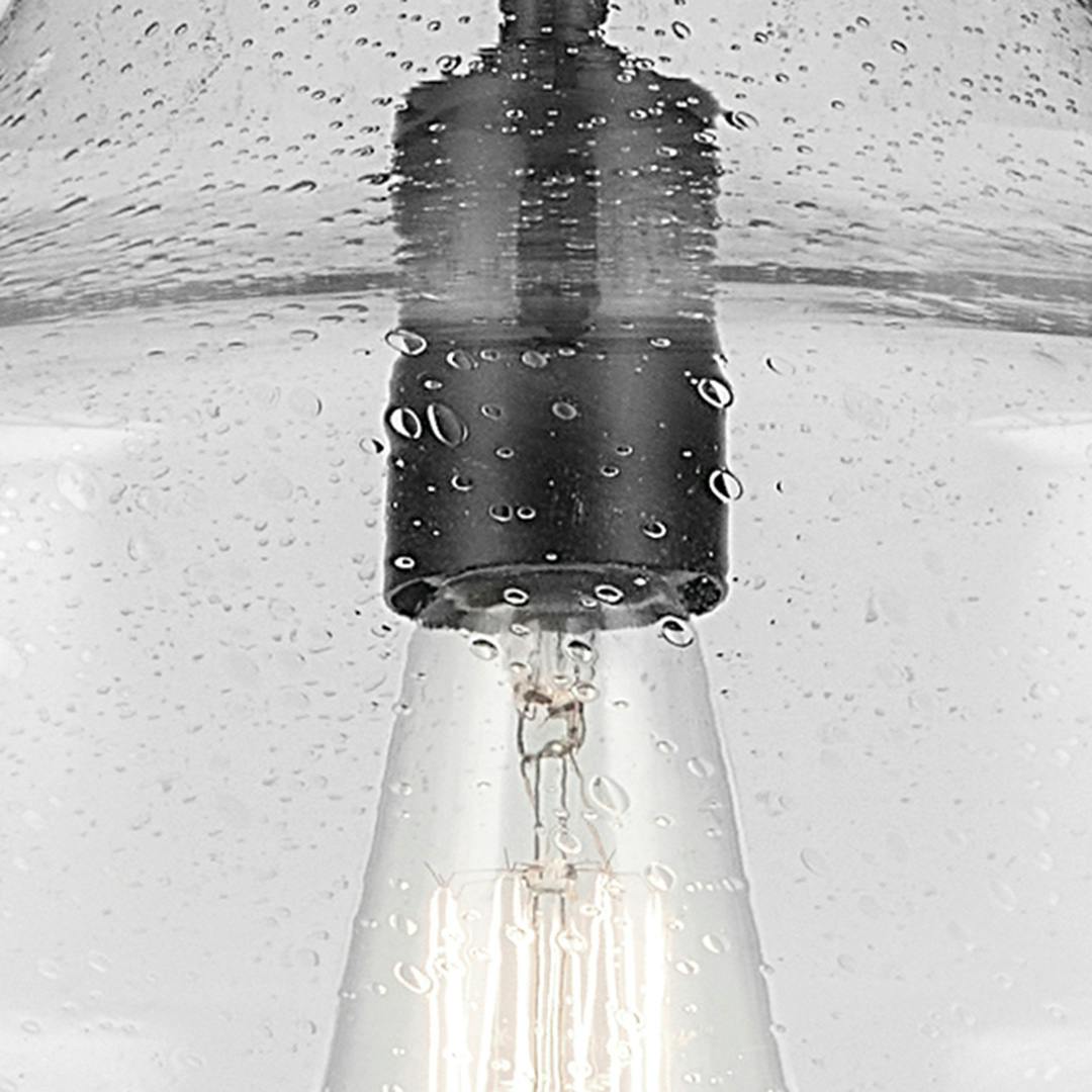 Close up view of the Everly 19.75" 1-Light Bell Pendant with Clear Seeded Glass in Black on a white background