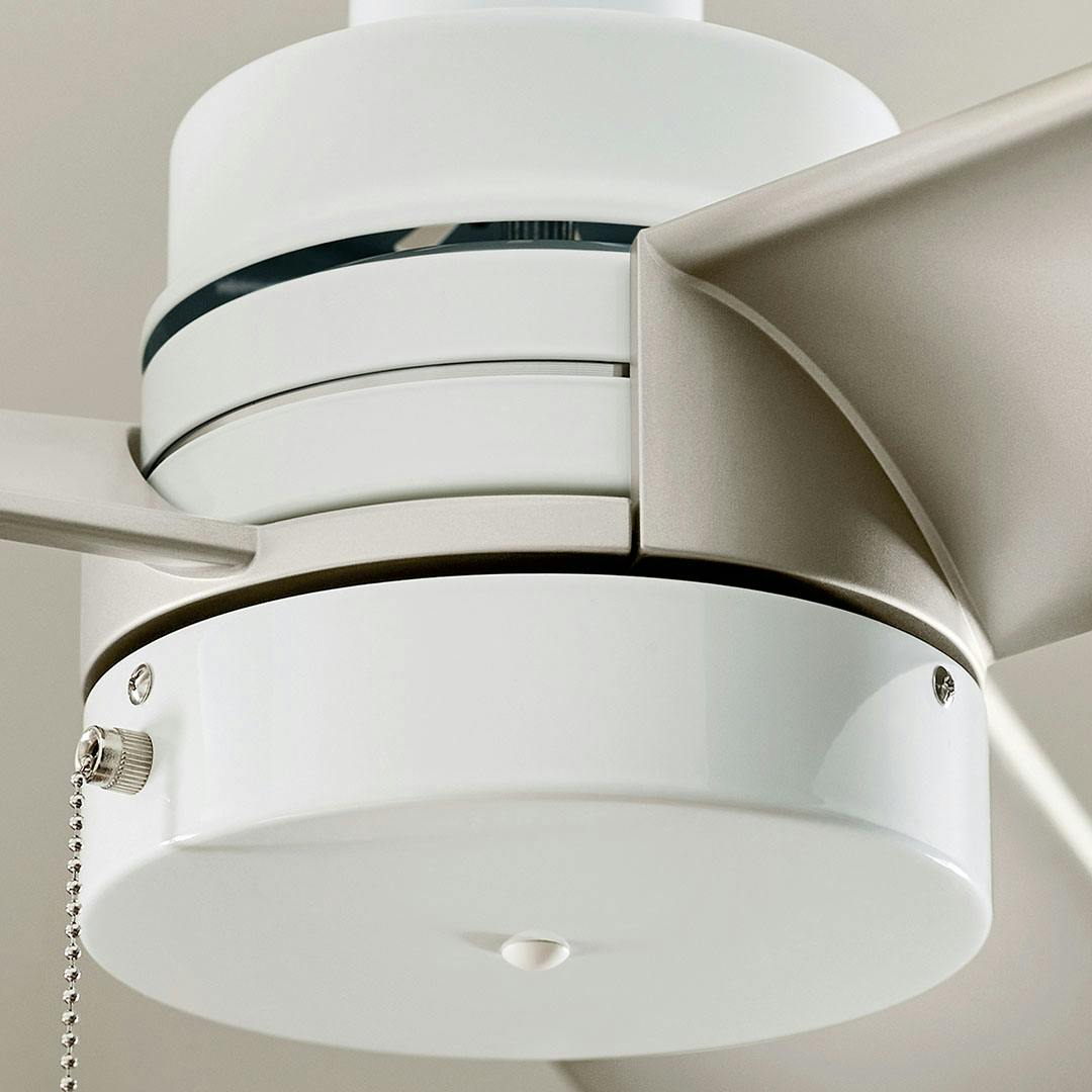 Close up view or the 52 Inch Spyn Lite Fan in White with Silver Blades
