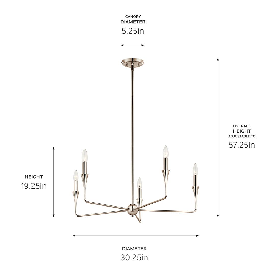 The Alvaro 30 Inch 5 Light Chandelier in Polished Nickelwith dimensions on a white background