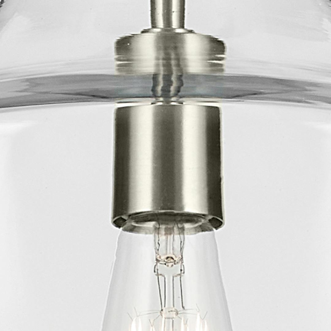 Close up view of the Everly 19.75" 1-Light Bell Pendant with Clear Glass in Brushed Nickel on a white background