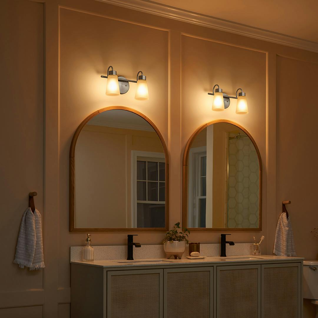 Night time Bathroom with Stamos 14" 2 Light Vanity Light Brushed Nickel