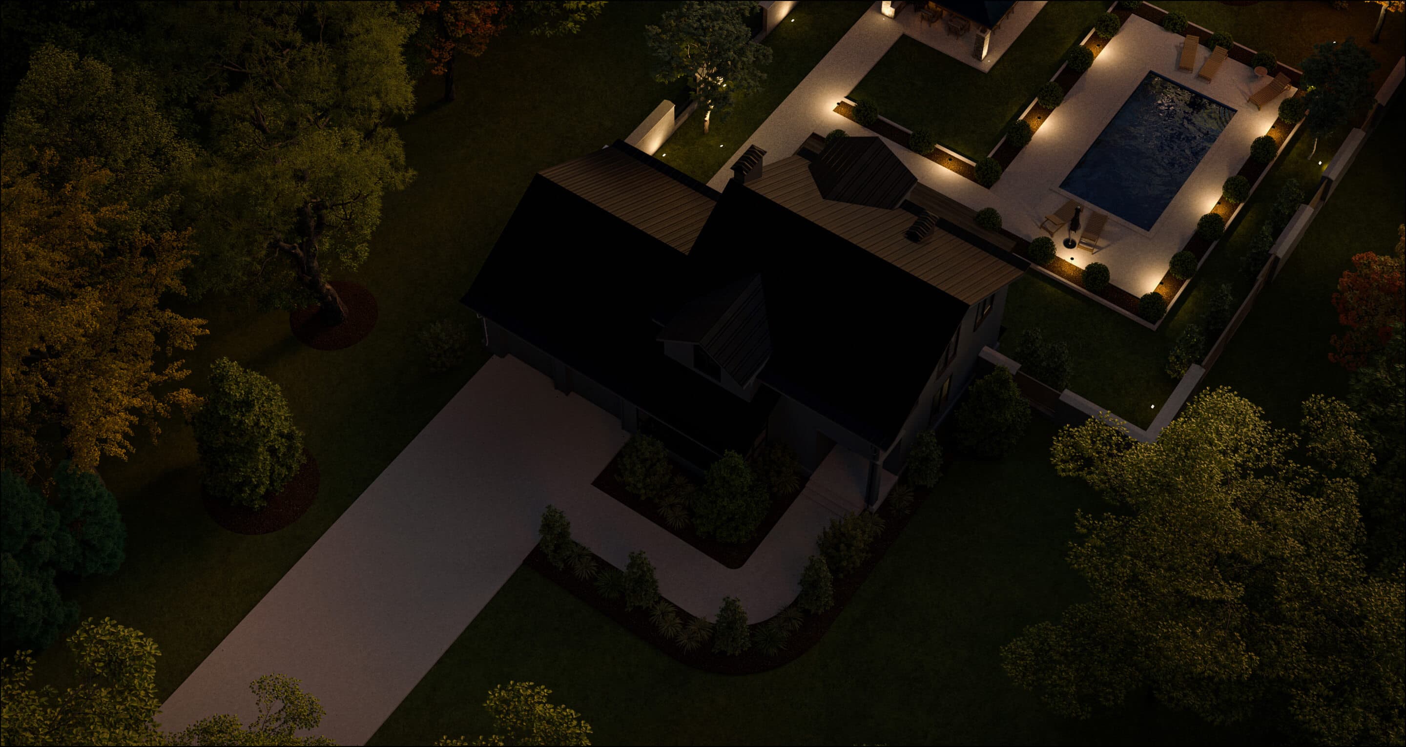 Arial image of house showing the front and backyard with just the backyard lights turned on at night 