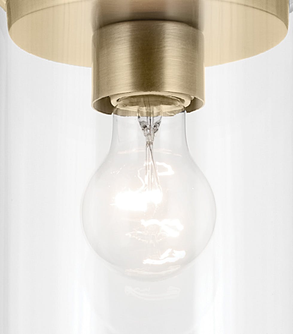 Close up view of the Crosby 10.75" 1-Light Mini Pendant with Clear Glass in Natural Brass on a white background
